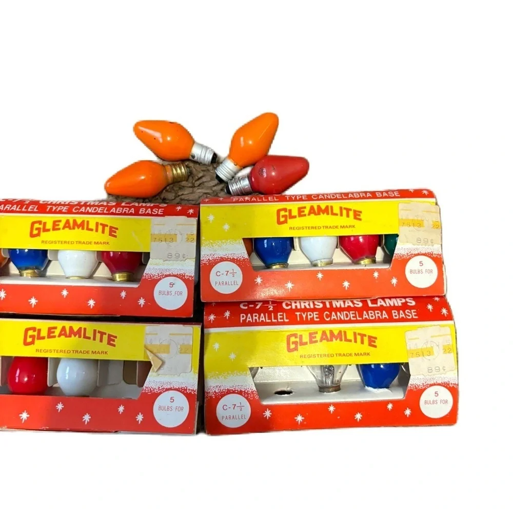 Vintage Gleamlite Christmas Bulbs C-9 1/2 Orange Blue White Red Clear